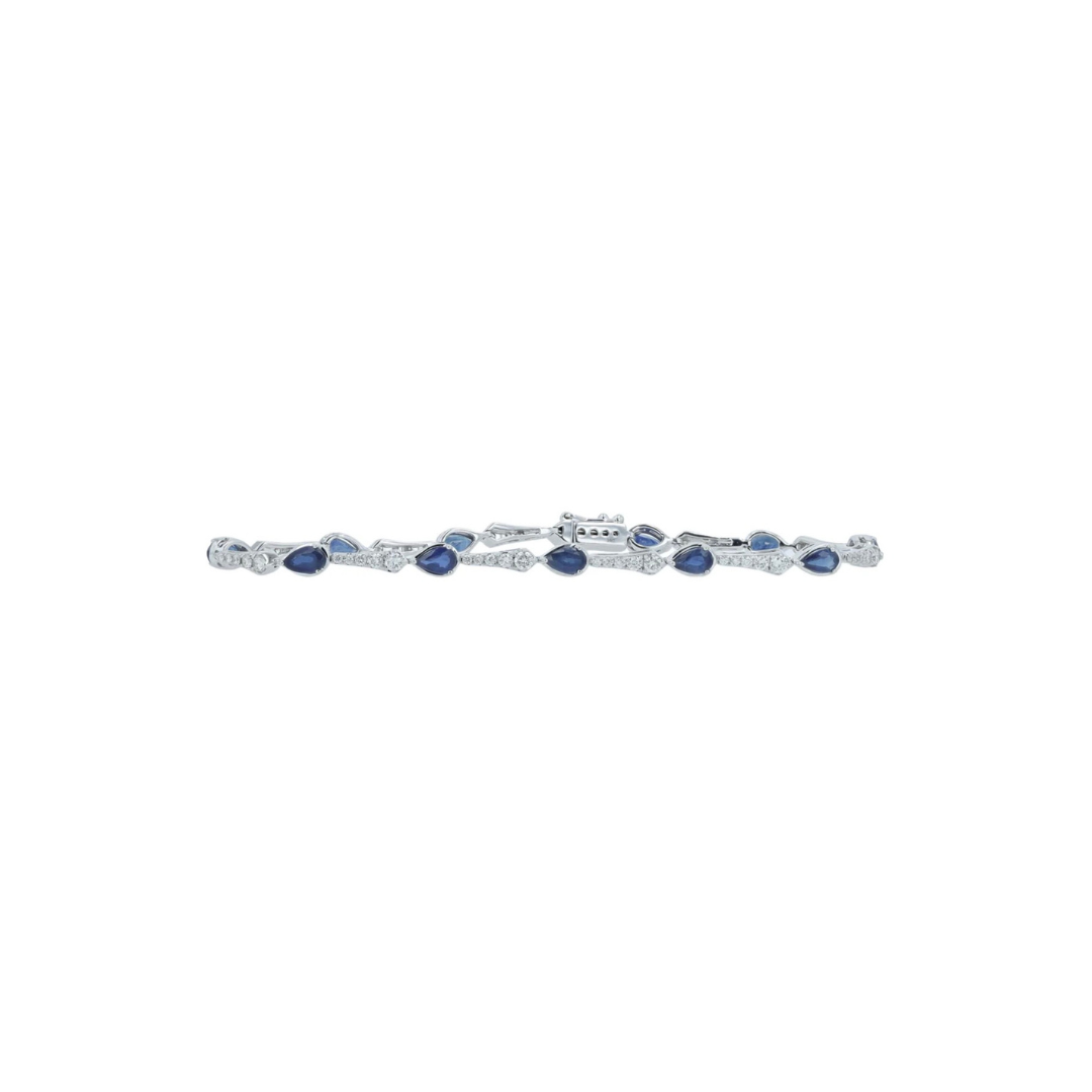 14k white gold blue sapphire and natural diamond tennis bracelet, pear cut sapphires with diamond bars, luxury fine jewelry bracelet 6.75 inch, elegant sapphire diamond bracelet