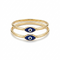 Two delicate blue evil eye rings in 14K yellow gold photographed on white surface