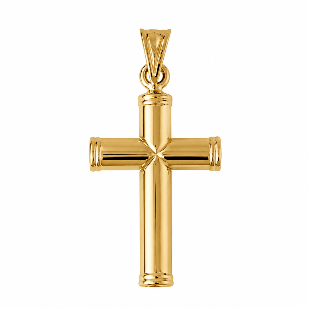 14K solid yellow gold geometric cross pendant with polished dimensional design on white background