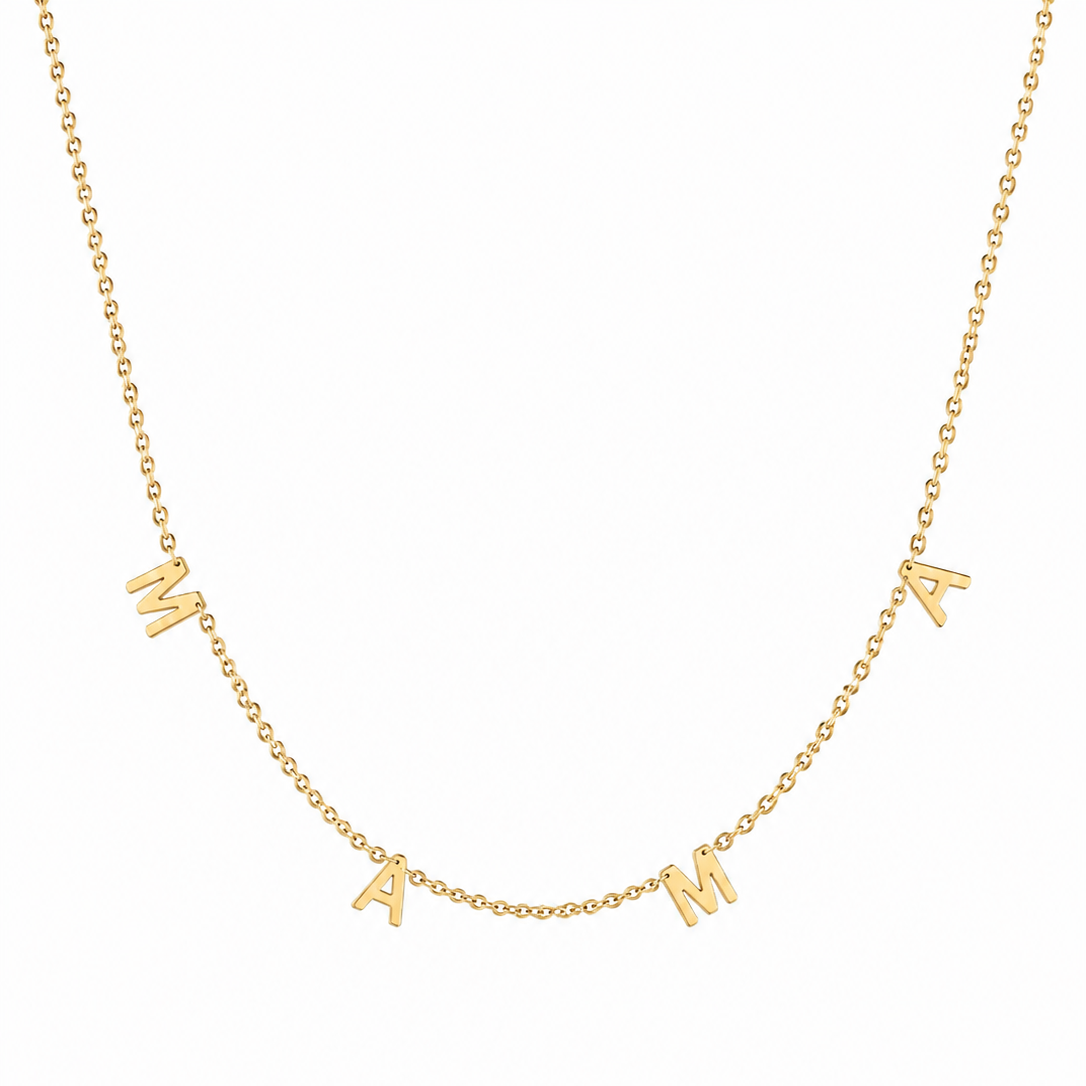14K solid yellow gold MAMA station necklace with four evenly spaced letters on an adjustable diamond-cut chain