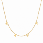 14K solid yellow gold MAMA station necklace with four evenly spaced letters on an adjustable diamond-cut chain