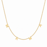14K solid yellow gold MAMA station necklace with four evenly spaced letters on an adjustable diamond-cut chain