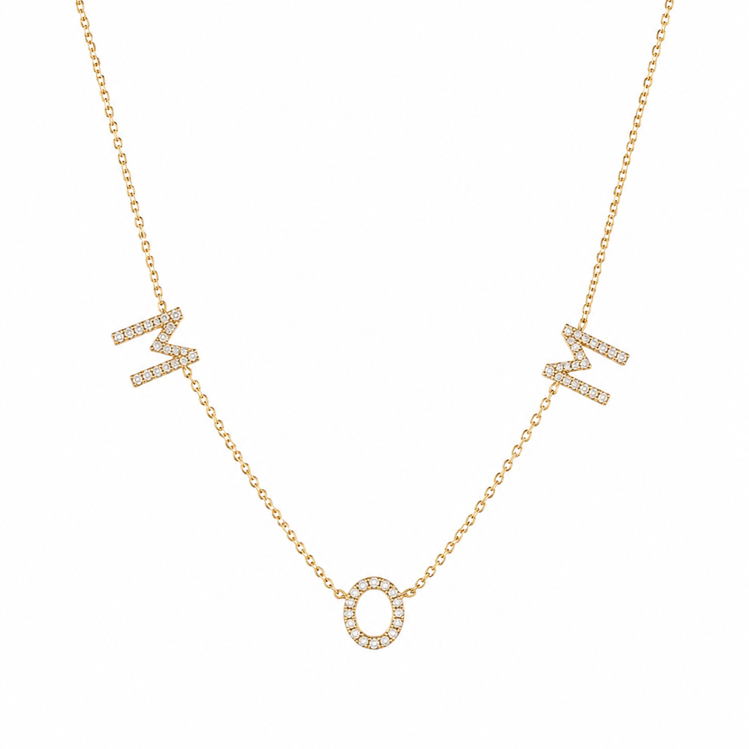 14K solid yellow gold natural diamond MOM necklace with diamond M O M letters on an adjustable rolo chain, photographed on a white background.