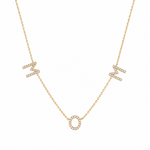 14K solid yellow gold natural diamond MOM necklace with diamond M O M letters on an adjustable rolo chain, photographed on a white background.