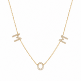 14K solid yellow gold natural diamond MOM necklace with diamond M O M letters on an adjustable rolo chain, photographed on a white background.