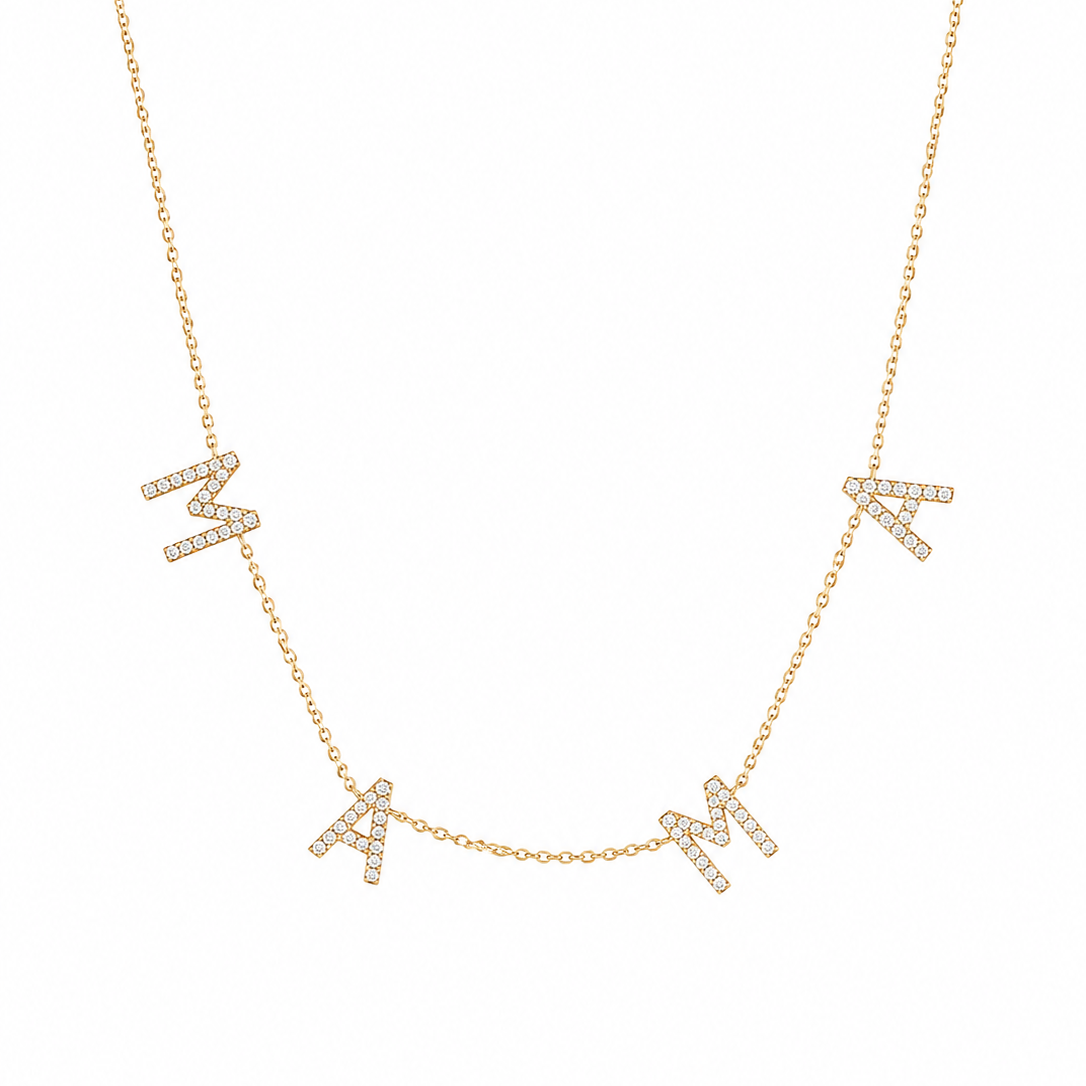 14K solid yellow gold natural diamond MAMA necklace with four diamond M A M A letters evenly spaced on an adjustable rolo chain, shown on a white background.
