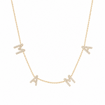 14K solid yellow gold natural diamond MAMA necklace with four diamond M A M A letters evenly spaced on an adjustable rolo chain, shown on a white background.