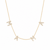 14K solid yellow gold natural diamond MAMA necklace with four diamond M A M A letters evenly spaced on an adjustable rolo chain, shown on a white background.