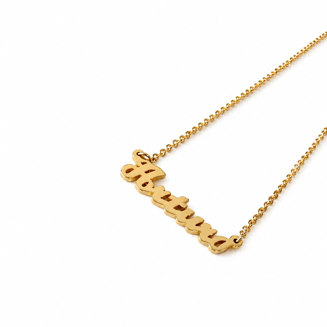 925 sterling silver gold-plated Blessed script necklace with delicate chain, photographed on a clean white background.