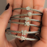 Stainless Steel Cable Bangle with Natural Diamonds & 925 Sterling Silver Charm (Kids)