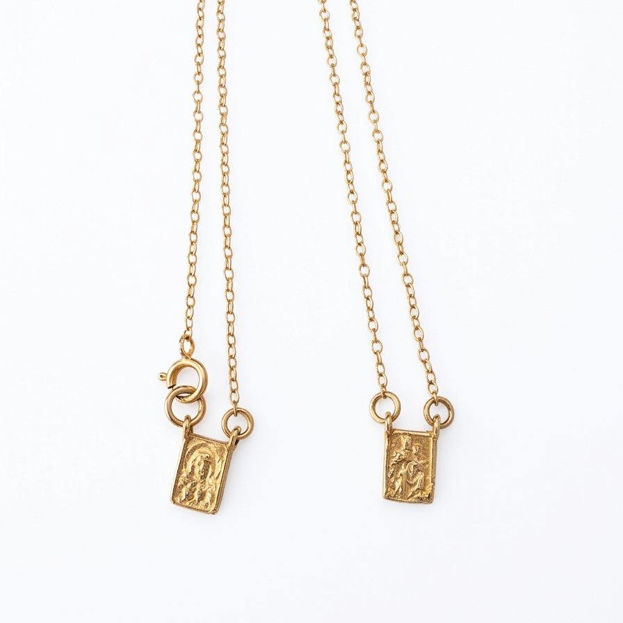 14K solid yellow gold Virgen del Carmen and Sacred Heart scapular necklace with delicate rolo link chain photographed on a white background.