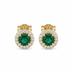14K solid yellow gold round green emerald CZ halo stud earrings with sparkling clear CZ accents on white background.