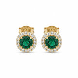 14K solid yellow gold round green emerald CZ halo stud earrings with sparkling clear CZ accents on white background.