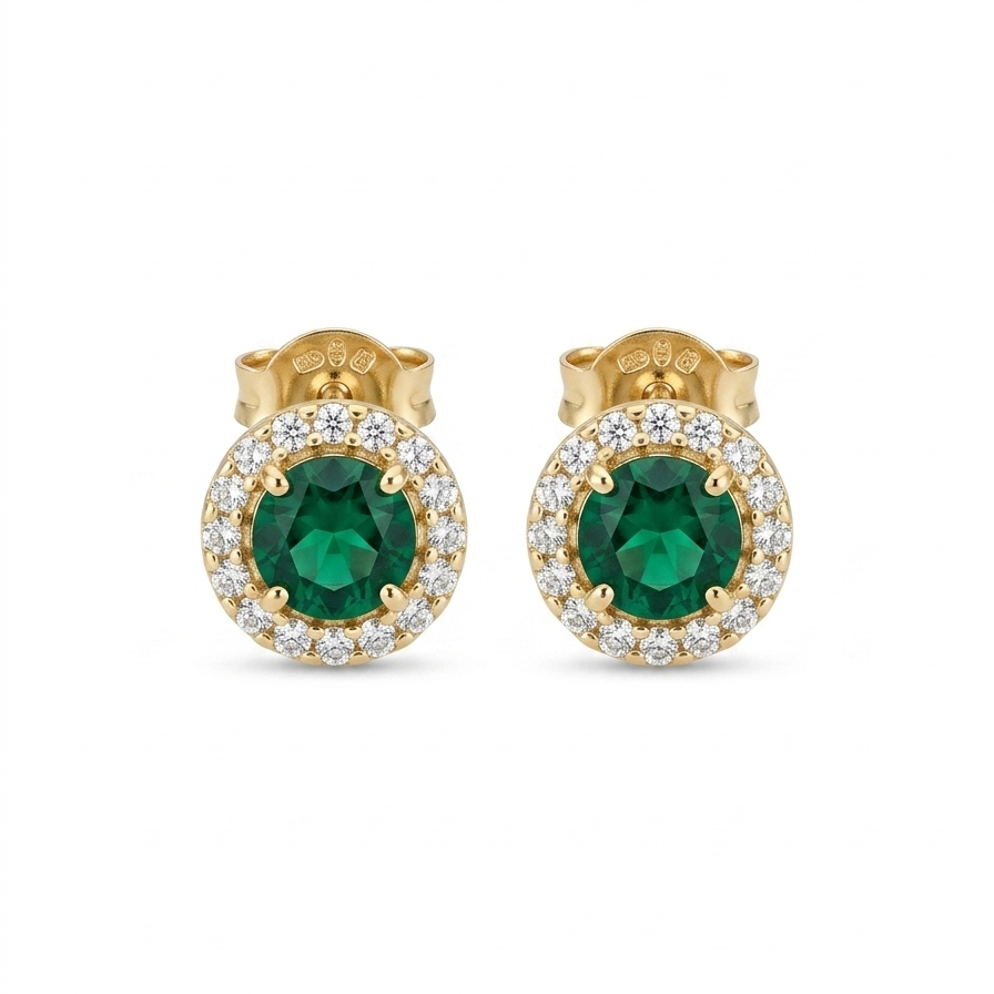 14K solid yellow gold round green emerald CZ halo stud earrings with sparkling clear CZ accents on white background.