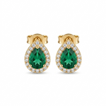 14K solid yellow gold pear shaped green emerald CZ halo stud earrings with sparkling clear CZ accents.