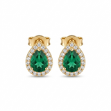 14K solid yellow gold pear shaped green emerald CZ halo stud earrings with sparkling clear CZ accents.