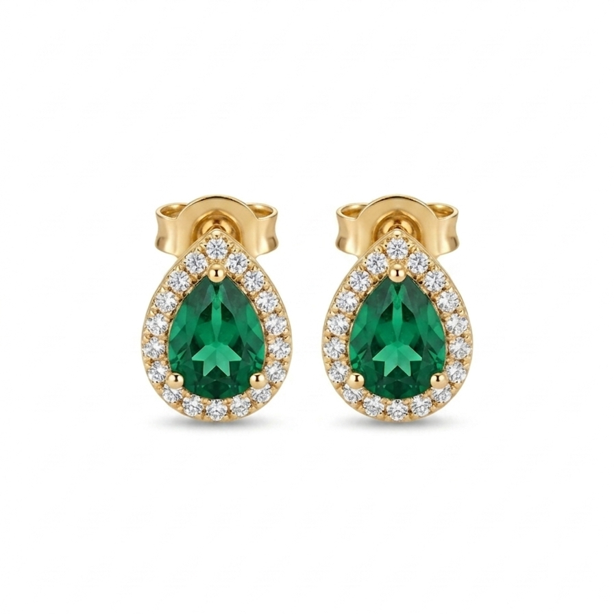 14K solid yellow gold pear shaped green emerald CZ halo stud earrings with sparkling clear CZ accents.