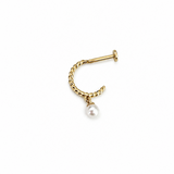 14K solid yellow gold open hoop single piercing with freshwater pearl charm on white background