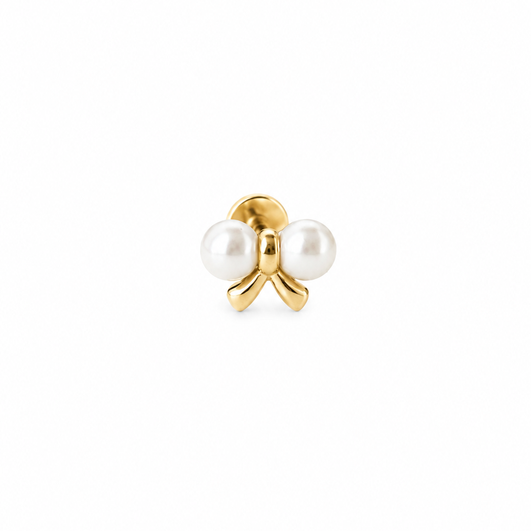 14K solid yellow gold pearl bow single piercing with two freshwater pearls on white background