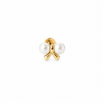 14K solid yellow gold pearl bow single piercing with two freshwater pearls on white background