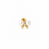 14K solid yellow gold pearl bow single piercing with two freshwater pearls on white background