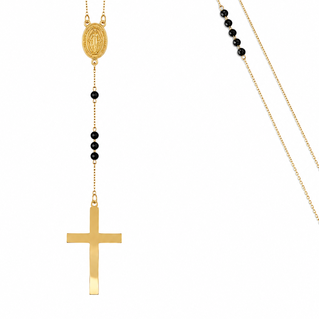 14K solid yellow gold unisex rosary necklace with faceted black cubic zirconia stones, Virgin Mary medal and gold cross on white background.