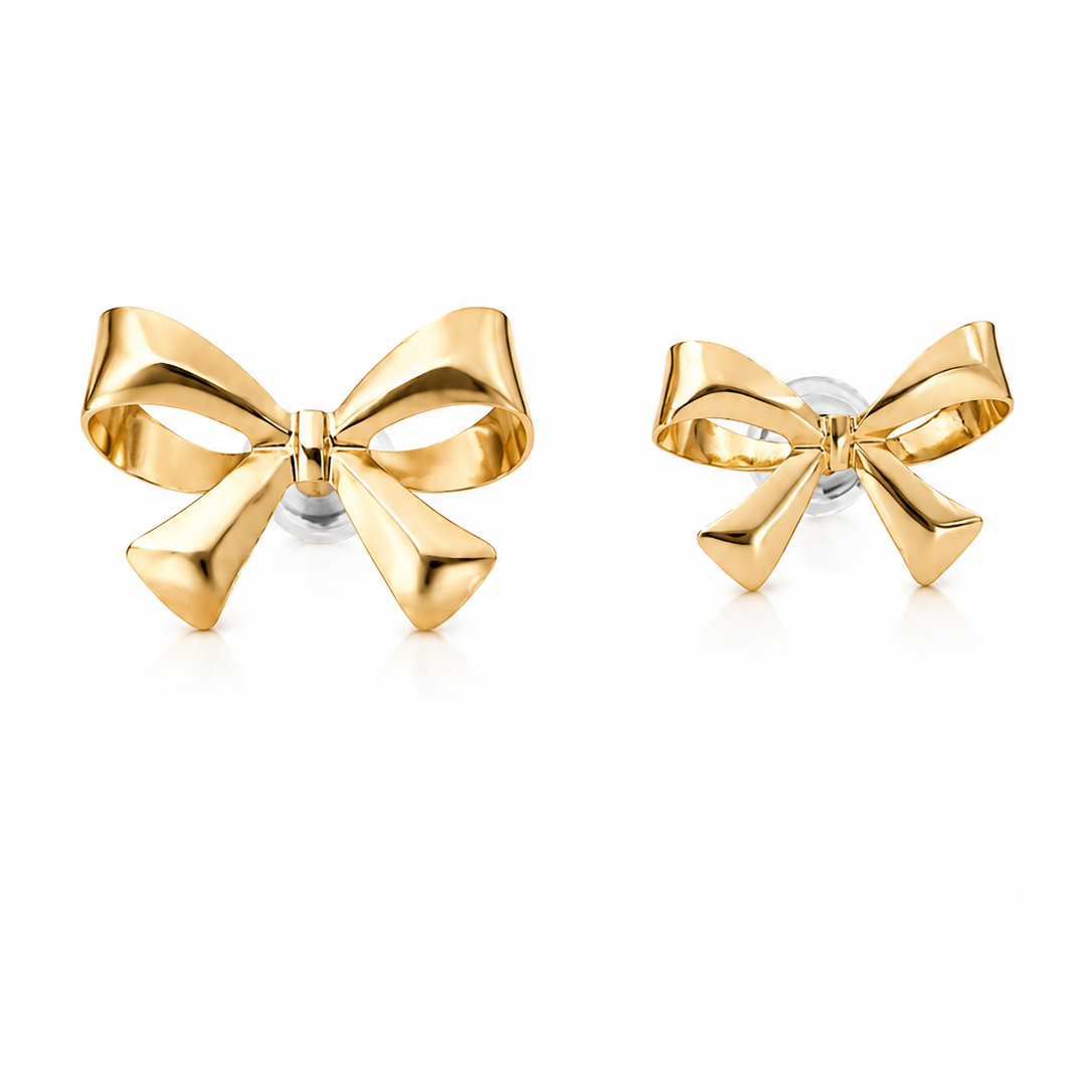 14K solid yellow gold 3D ribbon bow earrings in medium and large sizes displayed on a white background.