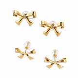 14K solid yellow gold 3D ribbon bow earrings in medium and large sizes displayed on a white background.