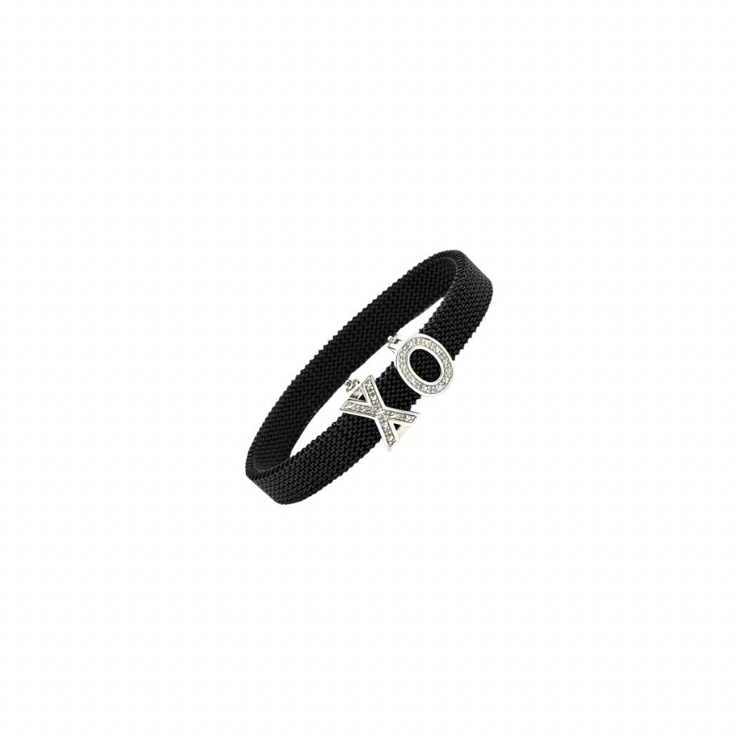 Black mesh bracelet with 'XO' letters on a white background