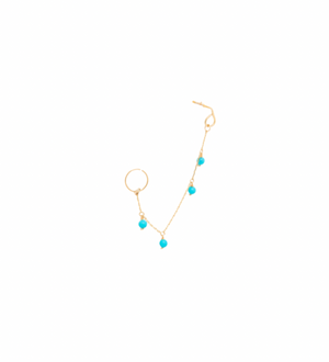 14K Solid Yellow Gold Turquoise Chain & Hoop Connected Single Earring