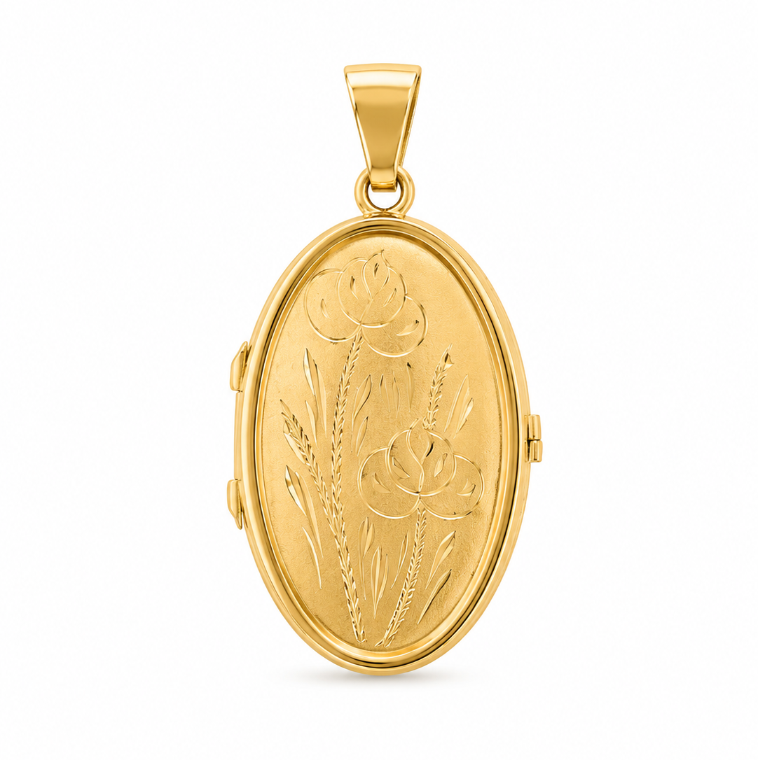 14K solid yellow gold vintage floral engraved oval photo locket – Laraquel Jewelry