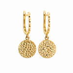 14K solid yellow gold diamond-cut round charm drop earrings with hinged hoops