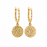 14K solid yellow gold diamond-cut round charm drop earrings with hinged hoops