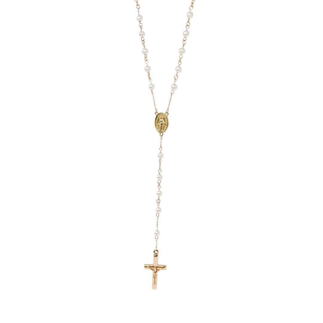 Gold rosary necklace with beads on a white background
