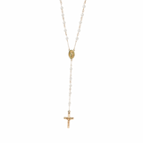 Gold rosary necklace with beads on a white background
