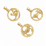 14K solid yellow gold zodiac sign pendant with diamond-cut round border, approximately 0.58 grams.