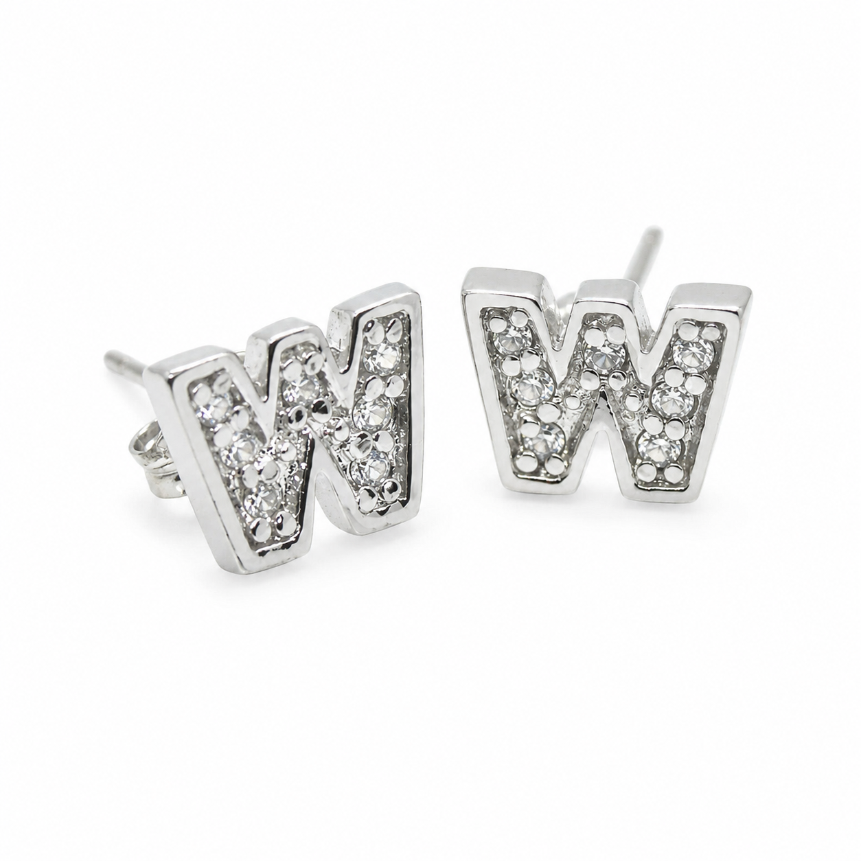 925 sterling silver W initial stud earrings with sparkling cubic zirconia stones on a white background.