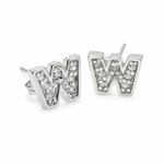 925 sterling silver W initial stud earrings with sparkling cubic zirconia stones on a white background.