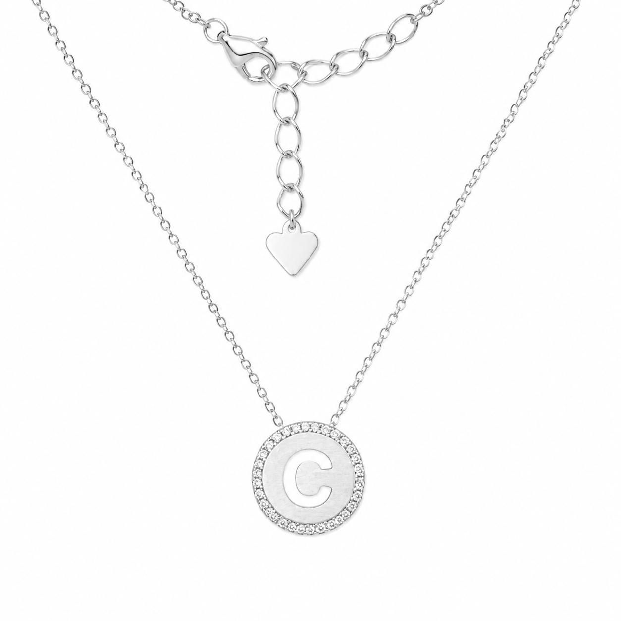 925 sterling silver cubic zirconia initial necklace with round letter pendant and adjustable 16 to 18 inch chain.