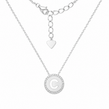 925 sterling silver cubic zirconia initial necklace with round letter pendant and adjustable 16 to 18 inch chain.