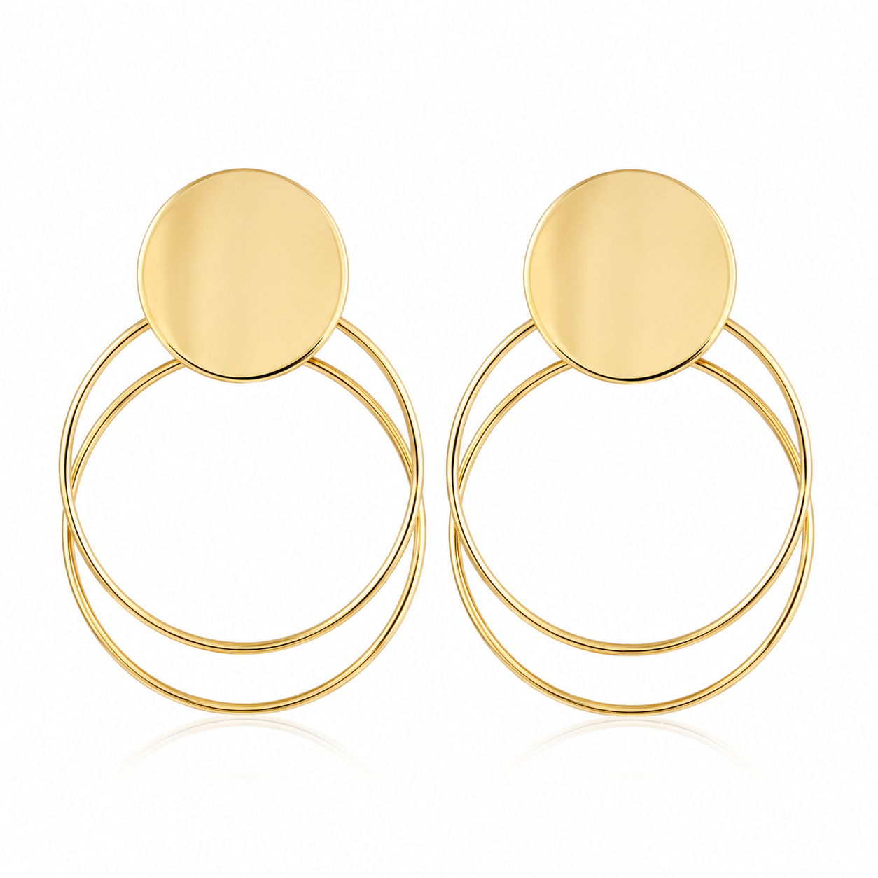 14K solid yellow gold double hoop statement earrings with round disc studs – Laraquel Jewelry