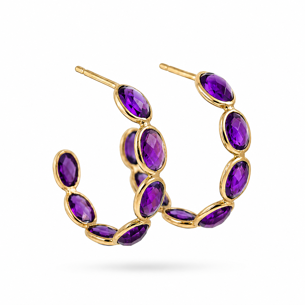 18K solid yellow gold open hoop earrings with seven genuine oval amethyst gemstones in bezel settings, 9.26 total carat weight.