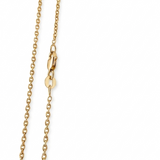 14K solid yellow gold 24” rolo chain necklace styled with layered religious pendants and custom gold necklaces on a white top for a timeless luxury jewelry look