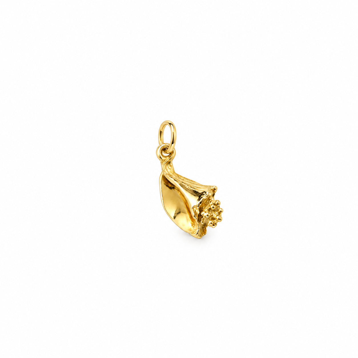14K solid yellow gold seashell pendant with detailed textured design, approximately 2.20 grams, on a white background.