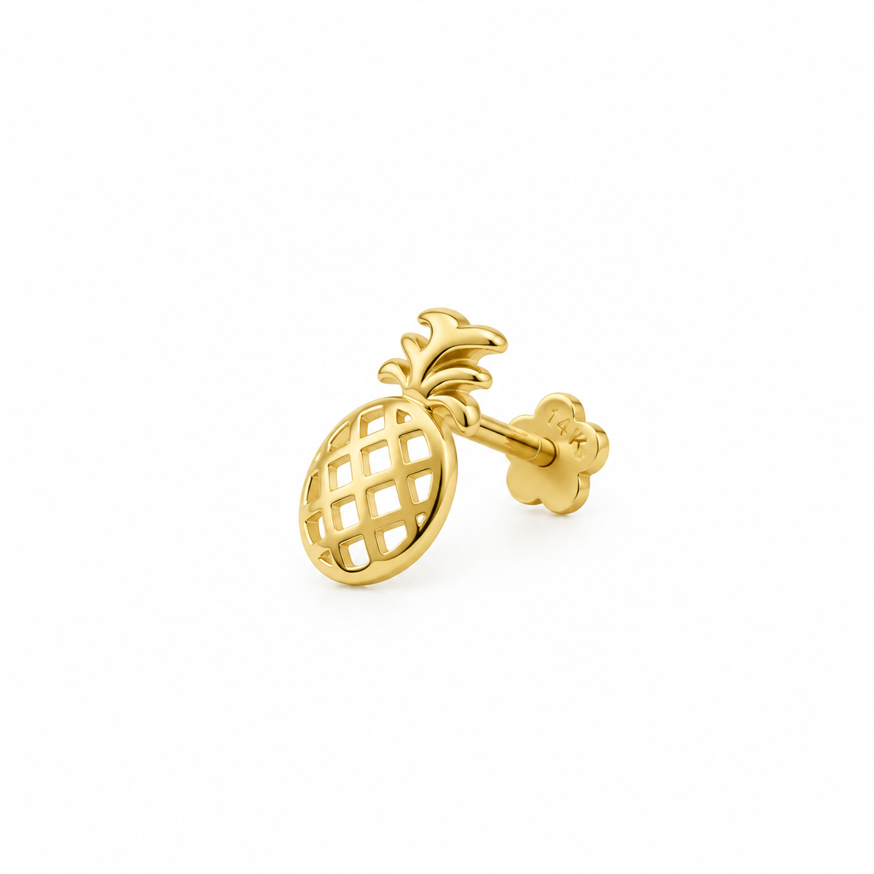 14K solid yellow gold pineapple single piercing earring with openwork design and gold backing on a white background.