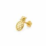 14K solid yellow gold pineapple single piercing earring with openwork design and gold backing on a white background.