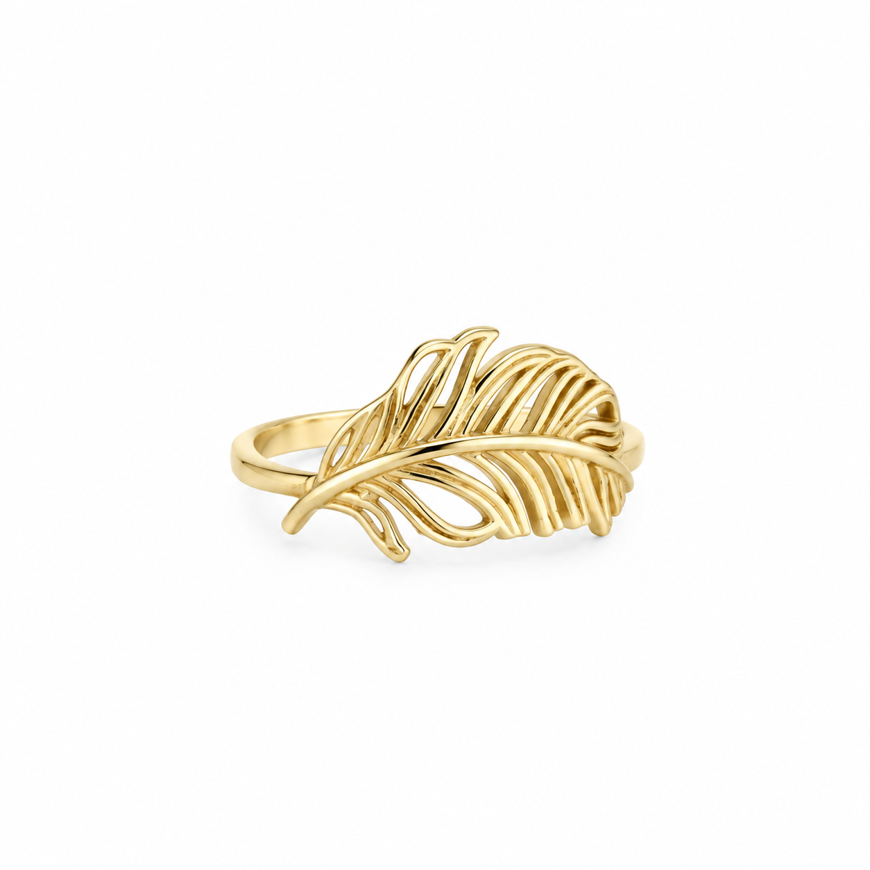 14K solid yellow gold tropical leaf ring with detailed openwork design, size 6, on a white background.