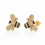 14K solid yellow gold pavé bee stud earrings with natural white and black diamonds, 0.33 CTW, on a white background.
