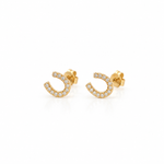 14K solid yellow gold horseshoe stud earrings with 0.07 CTW natural pavé diamonds on a white background.