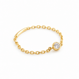 14K solid yellow gold chain ring with round bezel-set cubic zirconia, available in sizes 5 and 6, on a white background.